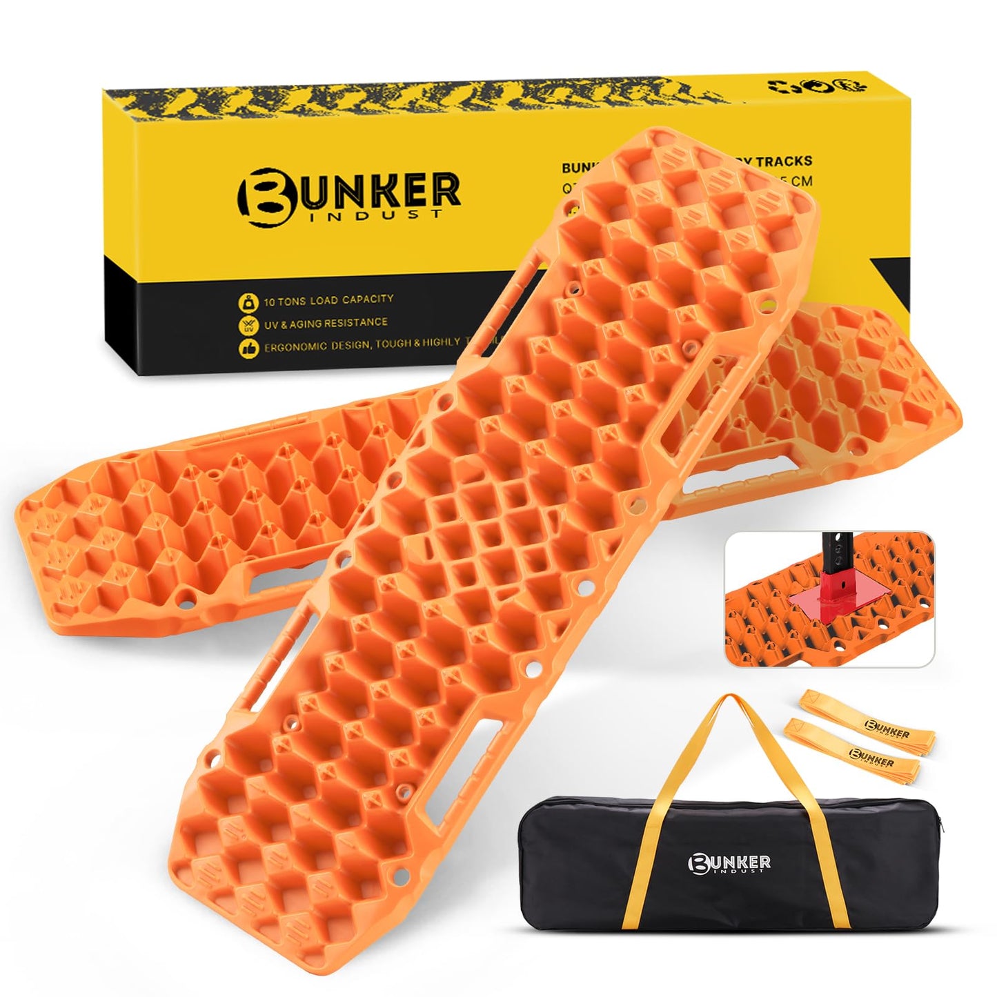 BUNKER INDUST Gen 7th Traction Board with Jack Base Orange + 3" x 20ft Tow Strap with Bag Recovery Kit