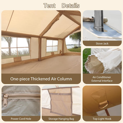 Inflatable Tent for Camping with Rainfly, 8-12 Person Easy Setup Air Tent with 2 Rooms & Hand Pump, 4 Season Glamping Tent with Stove Jack, Large Family House Tent for Outdoor Camping