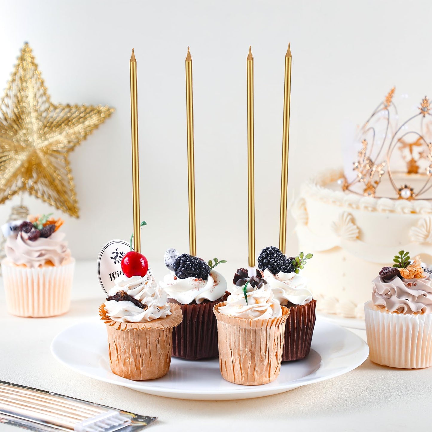 Conelist 30 Pack 8.75 Tall Unscented Champagne Gold Long Birthday Candles for Cake Fancy Thin Cupcake Candle for Birthday Cake Wedding Decorations Party