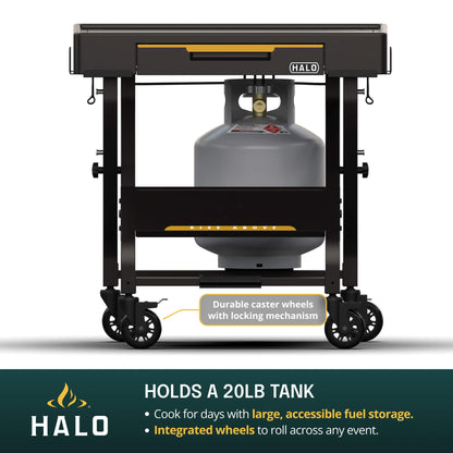 HALO Outdoor Countertop Cart | Prep Station or Griddle/Oven Cooking Surface | Collapsible, Portable, Tool Hooks and Propane Storage | HO-1006-XNA