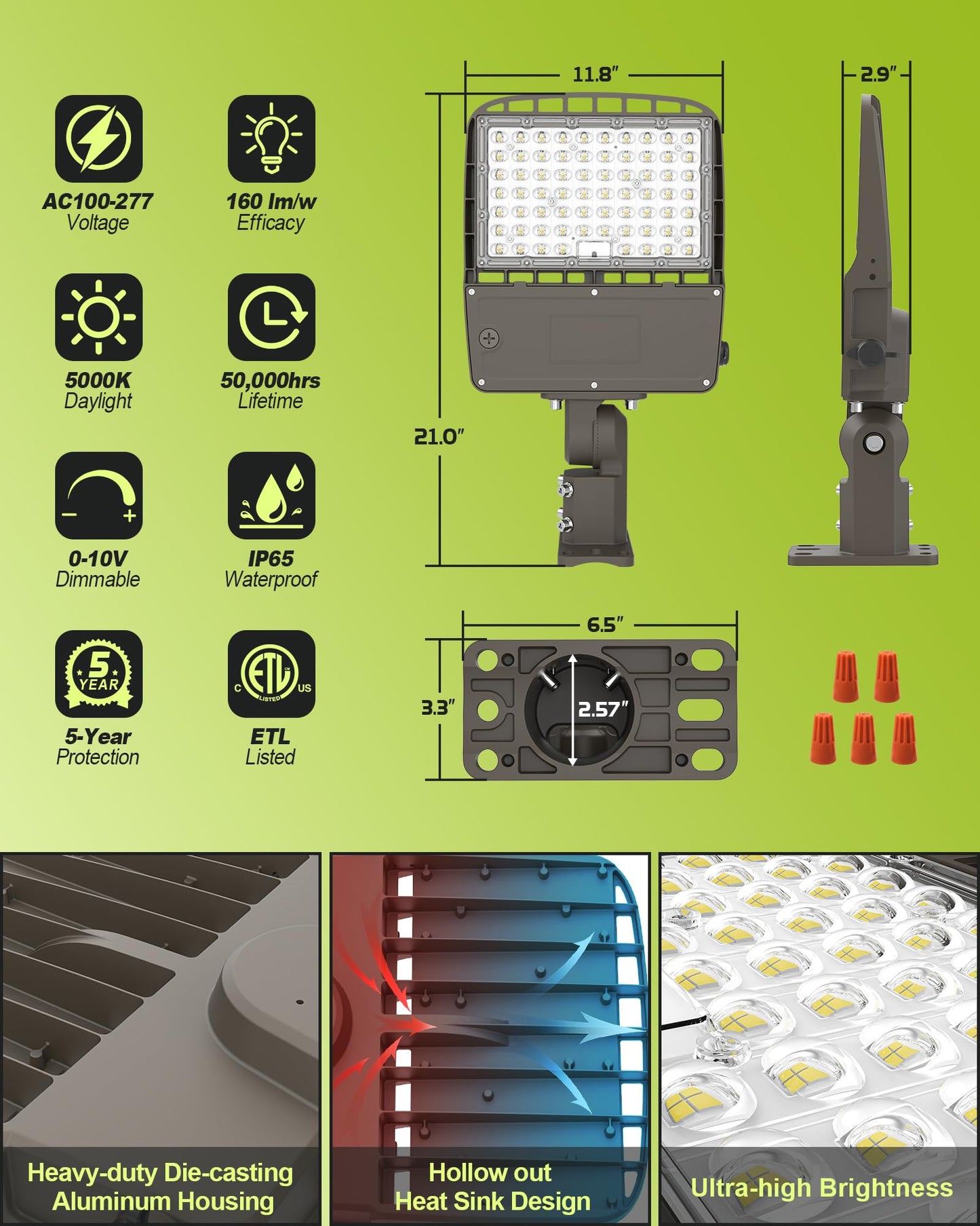 AULACE LED Parking Lot Light 240W/220W/200W Selectable, Dimmable 38400LM 160LM/W 5000K, Dusk to Dawn Photocell, IP65/ETL/100-277V, Arm Mount & Slip Fitter for Plazas, Streets, Commercial Areas & Lots