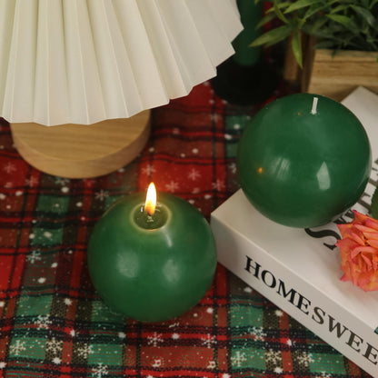 Ball Pillar Candles Set of 3 Green 3 Inch Unscented Handpoured Weddings, Home Decoration, 75 Hour
