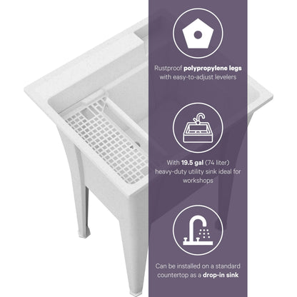 Freestanding Utility Sink with Stainless Steel Gooseneck Faucet - 24" Plastic Utility Sink for Garage, Laundry, Indoor and Oudoor Use - Laundry Tub Kit by Noah William Home - White (19.5 gal)