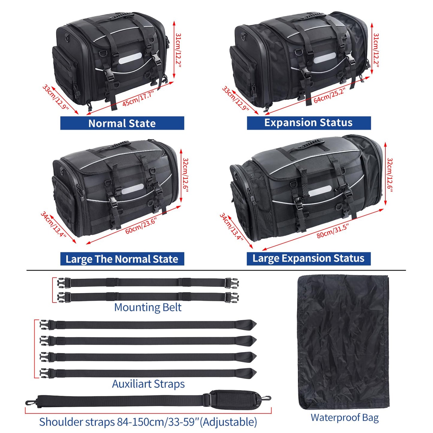 FVMOTO Universal Motorcycle Travel Luggage, Expandable Tail Bag 60-85L (15-22 Gallon), All Weather Rack Bag, Sissy Bar Bags, Helmet Bag, Tour Pack Bag Storage Backpack with 6 Straps, Waterproof cover