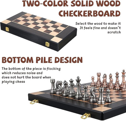 15-Inch Large Metal Chess Set for Adults and Kids with Metal Chess Pieces – Foldable Wooden Board with Storage Portable Classic Game Set for Travel &amp Home Elegant Gift for Chess Enthusiasts