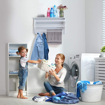 Danya B Accordion Clothes Drying Rack, Retractable, Wall Mounted Towel Rack and Hooks for Clothes and Towels for use in Laundry Room or Garage - White