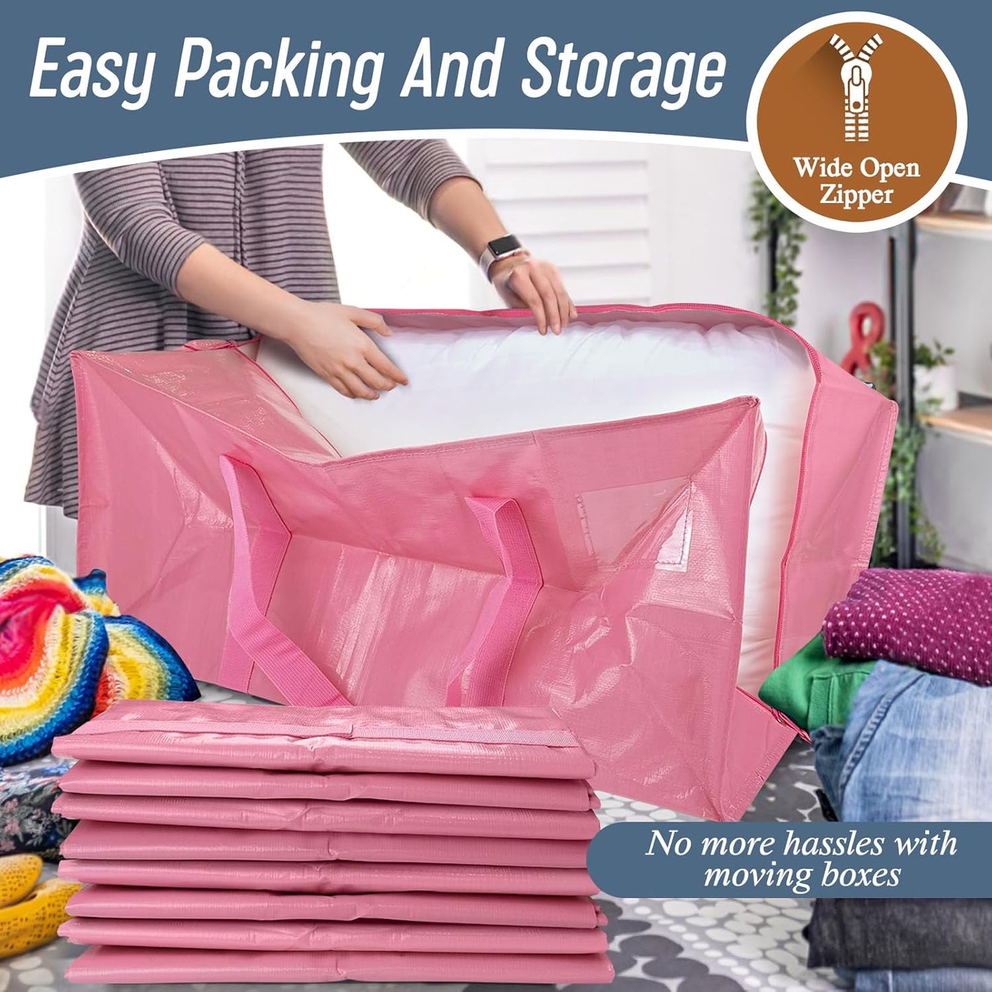 Skiennix Extra Heavy Duty Moving Bags - 12 Pack with Strong Zipper & Comfortable Handles | Durable Pink Storage Totes