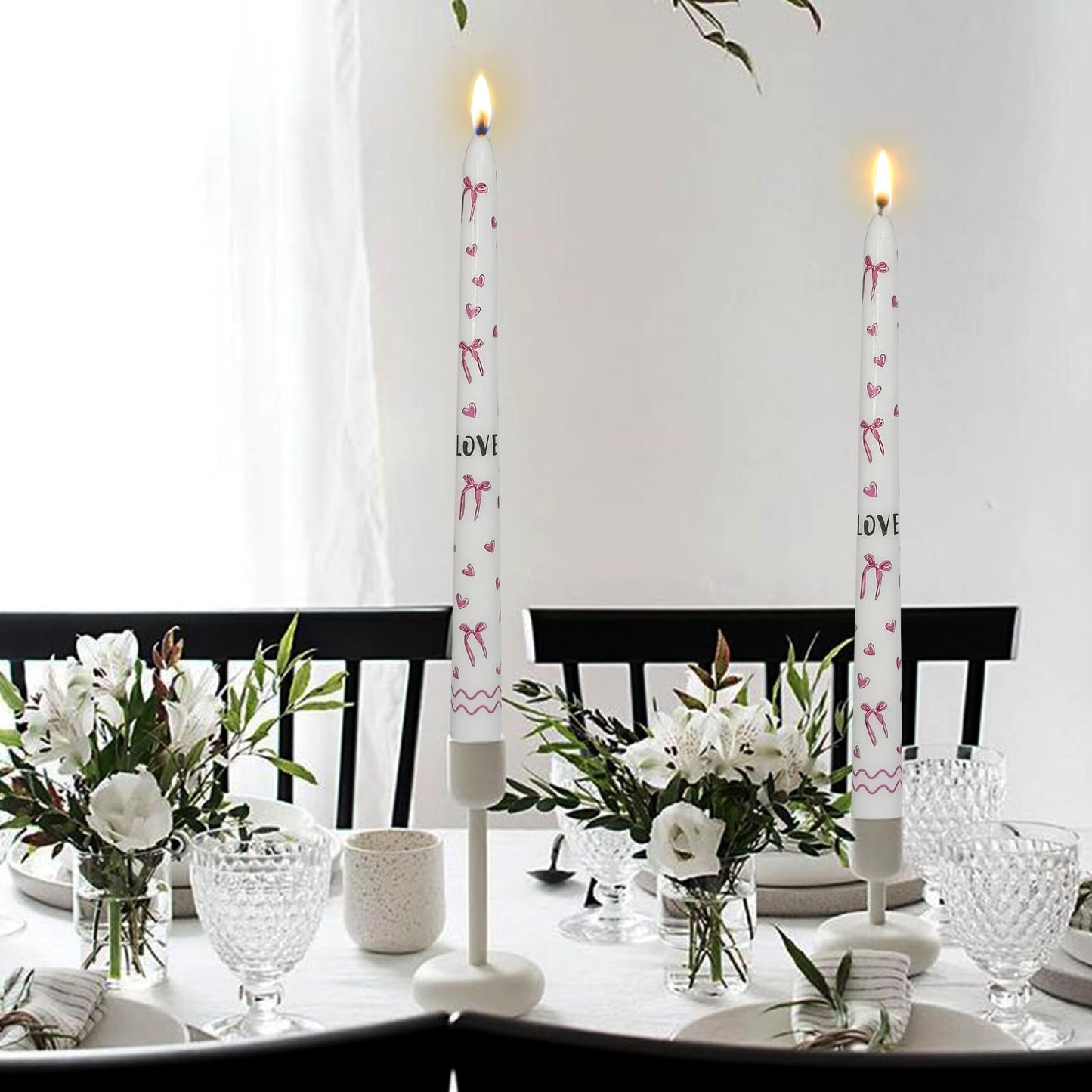 Pink Bow Heart Taper Candles -2 Pcs Unscented 10 Inches Long Candlesticks Flower Print Tapered Candle for Home Party Wedding Restaurant Holiday Decor