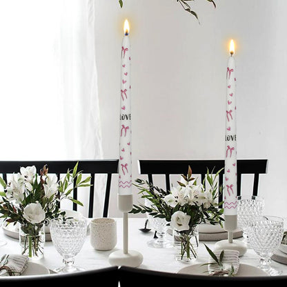 Pink Bow Heart Taper Candles -2 Pcs Unscented 10 Inches Long Candlesticks Flower Print Tapered Candle for Home Party Wedding Restaurant Holiday Decor