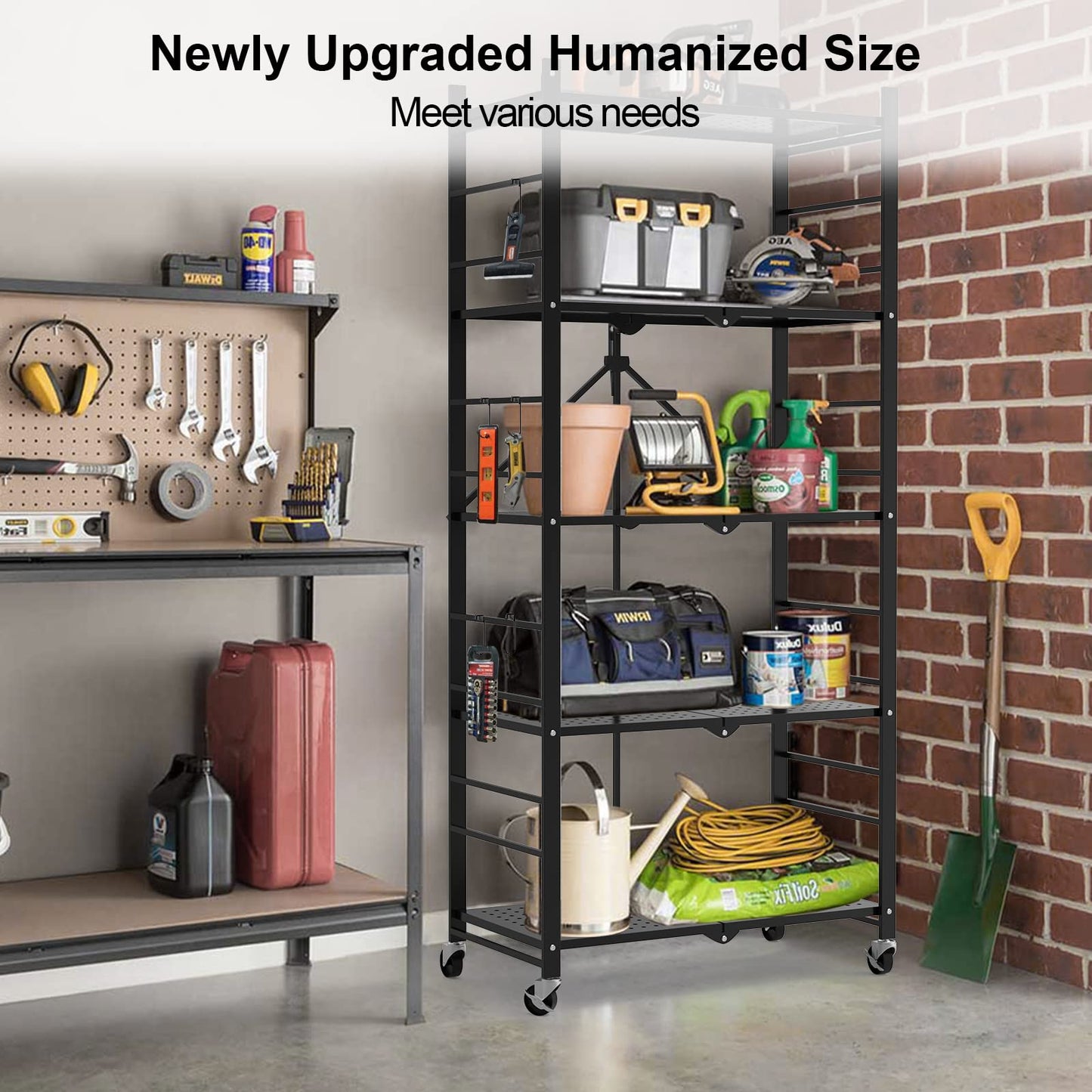 Himix Storage Shelves with Hooks, No Assembly Metal Folding Shelf on Wheels for Kitchen