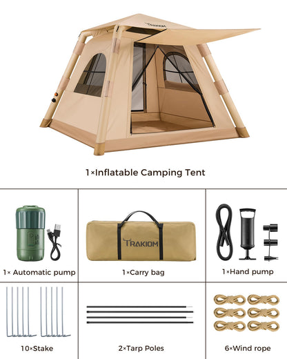 Trakiom Inflatable Tents for Camping 2-4 Person, Easy Set Up Camping Tent with Automatic & Manual Pump, Waterproof Blow Up Tent for Family Outdoor