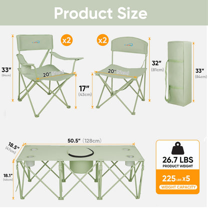 5 Pcs Camping Chair and Folding Camping Table Set, Outdoor Folding Picnic Chairs Lawn Portable Camp Table with Cooler Bag & Cup Holder for Camping, Fishing, Sporting Events, Support 500lbs, Green
