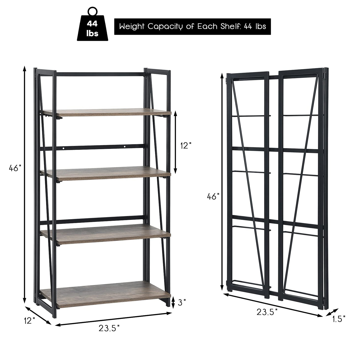 Giantex 4-Tier Bookshelf, No-Assembly Folding Industrial Storage Shelves w/Anti-Tipping Wall Bolt, Large Storage Space Display Rack and Freestanding Storage Organizer