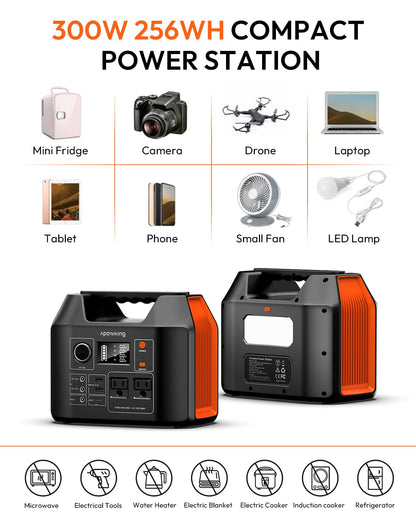 Solar Powered Generator, 300W Portable Power Station with Solar Panel 40W Included, 110V Pure Sine Wave 256Wh LiFePO4 Battery Pack with AC Outlet for Camping, Home Emergency, Traveling, RV Trip