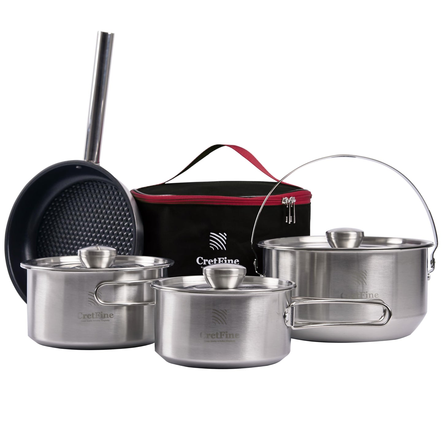 CretFine EssentialKit Camping Cookware Set Stainless Steel Pots and Pan with Detachable Handle and Oxford Cloth Bag for 4-8, Perfect for Openfire Camp Kitchen, Picnic, BBQ, Traveling, Emergency