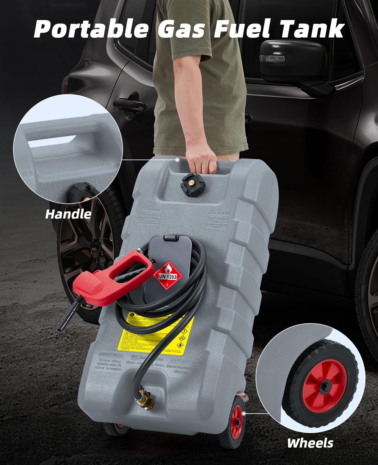 15 Gallon Gas Can with Manual Transfer Pump, Portable Fuel Caddy with Wheels & Carry Handle, 10 ft Hose, Heavy-Duty HDPE Fuel Transfer Tank for Gasoline Diesel Kerosene, Brass Shut-Off Valves, Gray