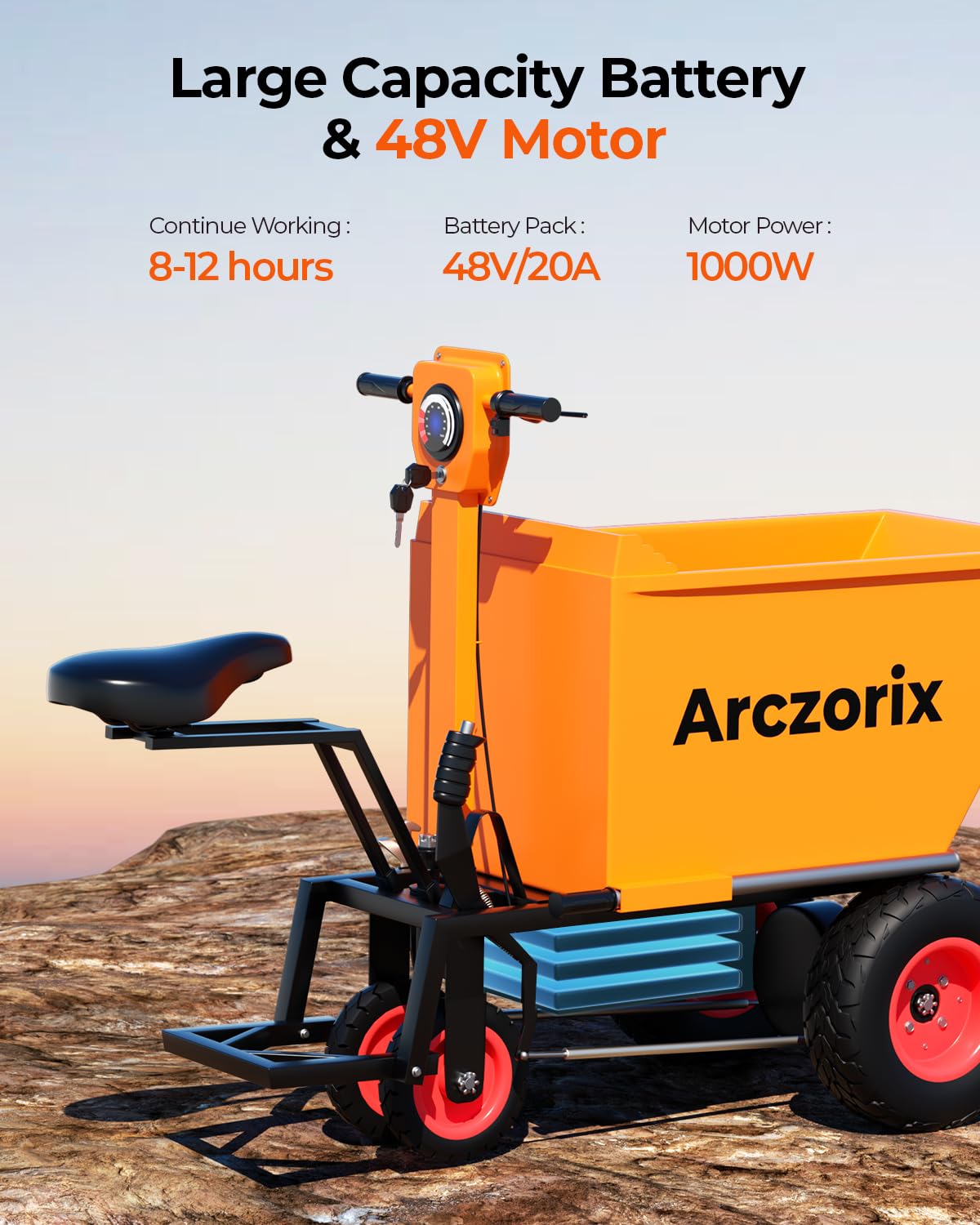 Arczorix Wheelbarrow Utility Cart with Seat & Stand, Electric Powered Cart 48V 20Ah Sealed Lead Acid Battery 1000W Capacity 2205Lbs, Material Hauler, Electric Wagon