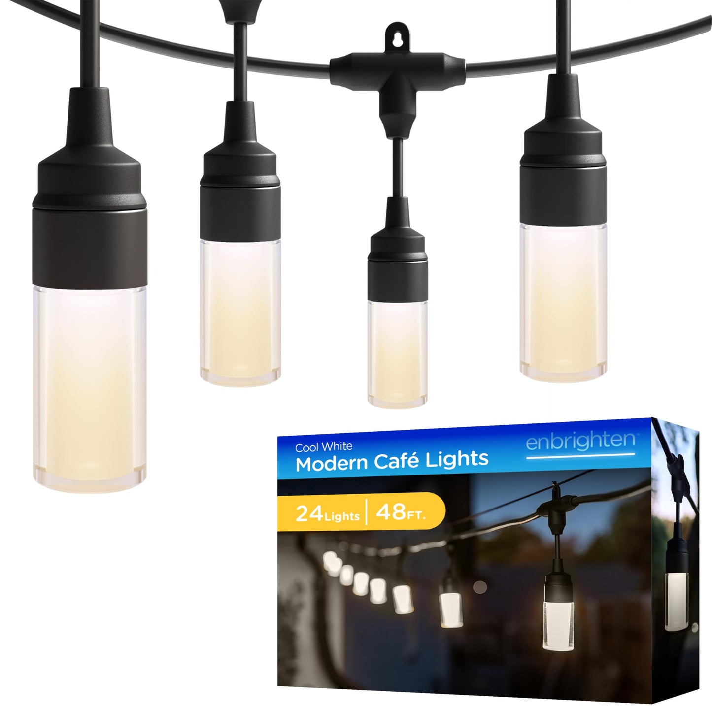 Enbrighten Modern Outdoor String Lights, 48ft, 24 Cylindrical Shatterproof Bulbs, Cool White 4000K, Weatherproof, Commercial Grade Patio Lighting, 87751
