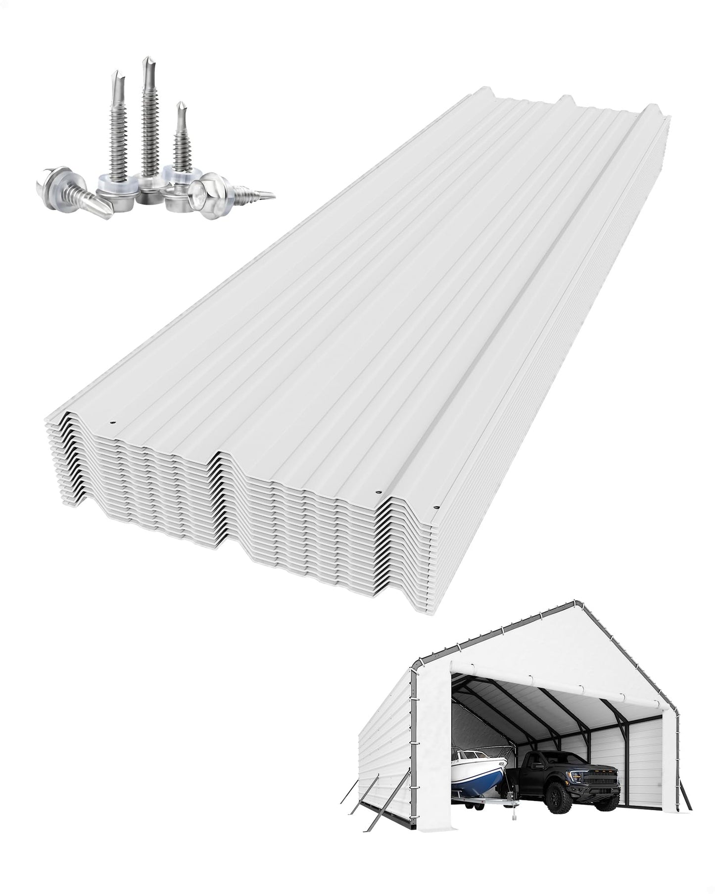 GarveeLife Roofing Panels for Metal Carport 20x25 ft, 20x20 ft, Heavy Duty Metal Carport Kits, 27 Ga. Galvanized Steel Ribbed Panels, 60.23 in x 19.68 in, 16 Pcs, White
