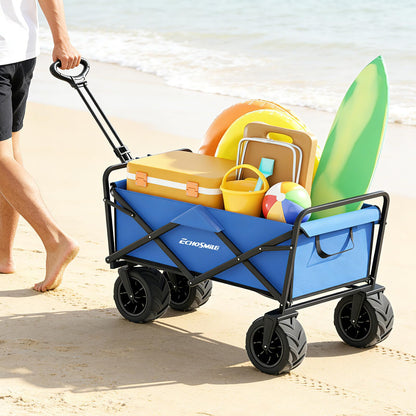 EchoSmile Heavy Duty 350 Lbs Capacity Collapsible Wagon, Outdoor Folding Camping Grocery Portable Utility Cart, Adjustable Rolling Carts, All Terrain Sports Wagon with Big Wheels (Blue)