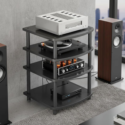 XEOKXOIT 4 Tier AV Media Stand, Audio Rack Tower Adjustable Height, TV Game Console Equipment Shelf, CD Record Player Stereo Component Rack Cabinet for Home Theater Studio (Black)