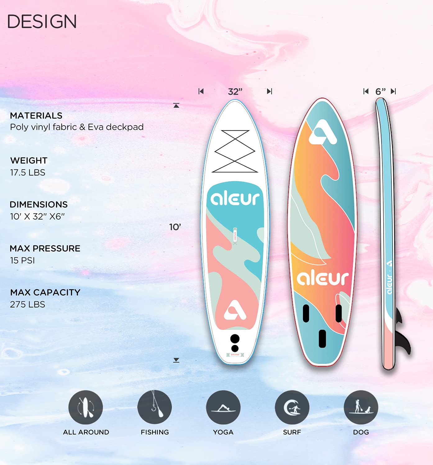 aleur 2020 Explorer Inflatable Stand Up Paddle Board Package W Premium SUP Accessories & Backpack, Non-Slip Deck, Leash, Paddle and Hand Pump | Elegant, Fun, Portable,Versatile (Pastel)