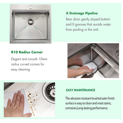 EcoChannels Kitchen Sink, 21 x 20 x 10 Drop in Kitchen Sink 16 Gauge Stainless Steel Kitchen Sinks Single Bowl Workstation Sink with Cutting Board