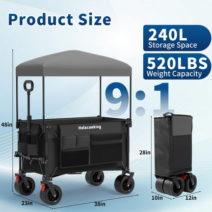 Holacamking Collapsible Canopy Wagon Cart, Heavy Duty Utility Wagon with Removable Sun Cover, All-Terrain Big Wheels, Dual Brakes, Extra Large Grocery Cart for Beach Camping Sports Tailgates, Black