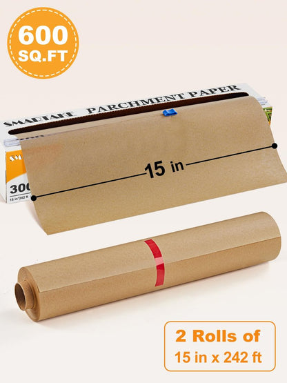 SMARTAKE Parchment Paper Roll for Baking, 2-Pack of 15 in x 242 ft, 600 sq.ft, Non-Stick Baking Paper Sheets with Slide Cutter, Heavy Duty Extra Long, for Kitchen Baking Cooking Grilling, Unbleached