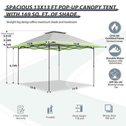 EAGLE PEAK 13x13 Straight Leg Pop Up Canopy Tent Instant Outdoor Canopy Easy Single Person Set up Folding Shelter w/Auto Extending Eaves 169 Square Feet of Shade (Gray)