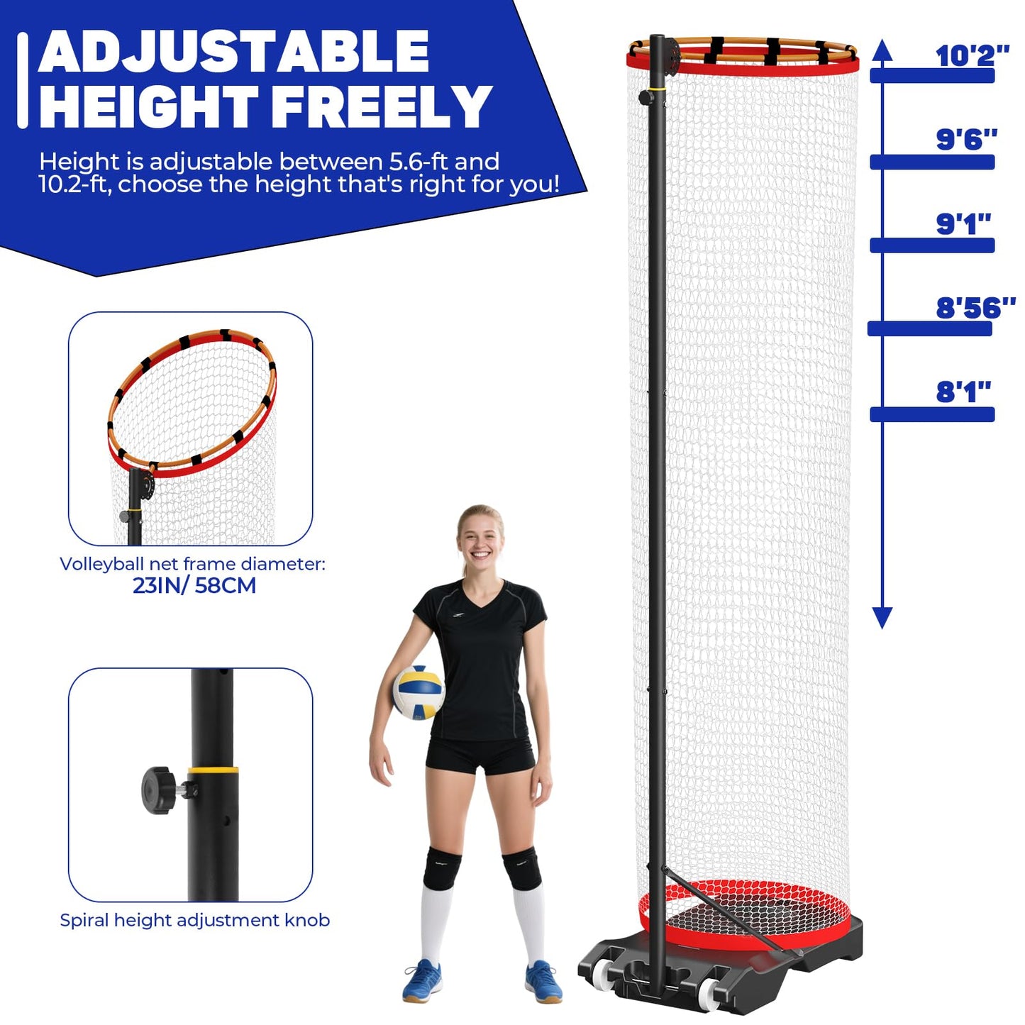 Dollate Movable Volleyball Setter Trainer Net Setting Training Equipment Target Practice Indoor or Outdoor, adjustable height and angle, with 10.2FT ball collection system, for serve and dunk practice