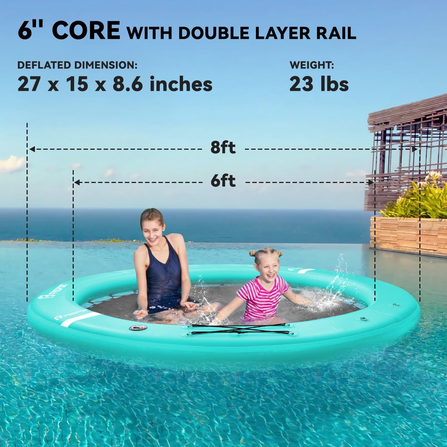 FBSPORT Inflatable Water Hammock Round Floating Ring, 8ft Inflatable Dock Floating Platform for Lake W/Cupholder, Sun Float Chill Raft Float Ring Tanning Pool Lounger Island Platform Pad