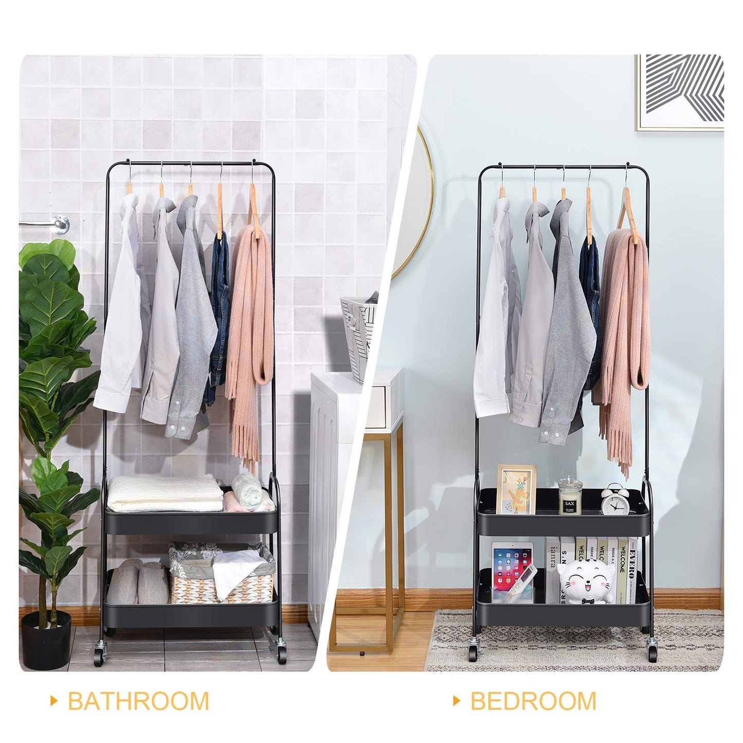 KINGRACK 2-in 1 Garment Rack, Clothing Rack with 2 Tier Metal Basket, Rolling Storage Cart Clothes Organizer Coat Rack Storage Stand on Wheels, for Home Bedroom Laundry Small Place Entryway, Black