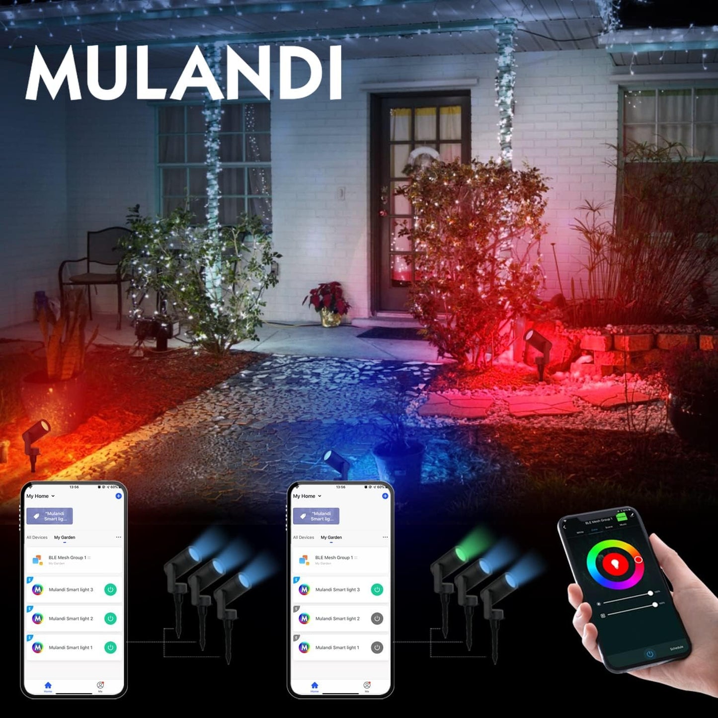 MULANDI Smart Landscape Lighting, 3 Pack RGBW Color Changing LED with App Control Waterproof Spotlight, Outdoor Yard Spot Lights with 36W Transformer & Timer, LED Lawn Light with Music Sync
