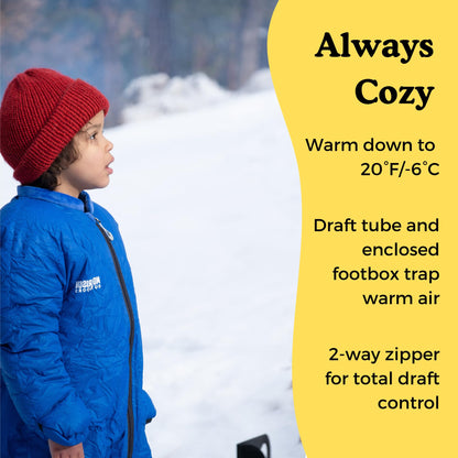 Mighty Mo 20° Down Kids Sleeping Bag (Ages 3-5). The Warmest, Lightest Camping Sleeping Bag for Kids Ages 3-5. (Bayberry Blue)