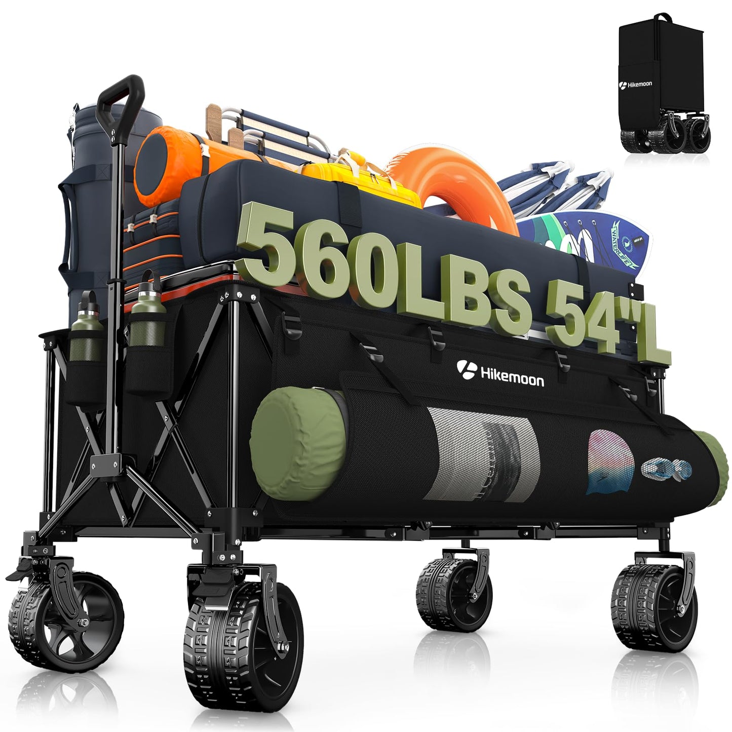 Hikemoon 54" Long Collapsible Wagon 400L Extra Large, Wagons Carts Foldable with Big All-Terrain Wheels, 560LBS Heavy Duty, Utility Folding Cart for Beach, Camping, Grocery, Sports, Garden, Black