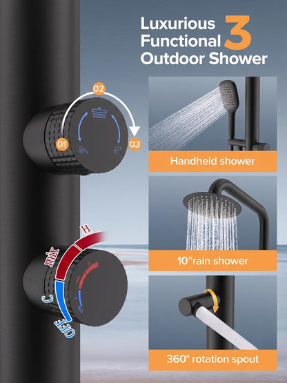 WCQQ 316 Stainless Steel Outdoor Floor Shower with 3 Functions, Matte Black Freestanding 10" Headshower & Handheld Shower for Backyard Patio Relaxation/Easy Garden Clean
