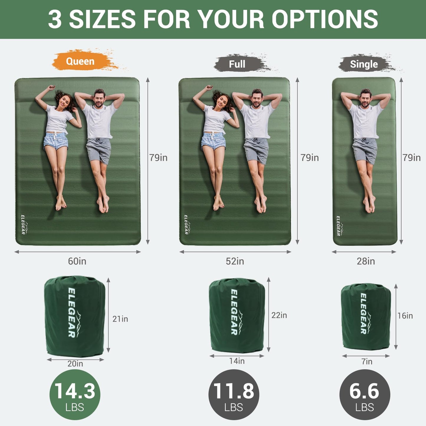 Elegear CumbreX™ Air & Foam Self Inflating Sleeping Pad, Built-in Electric Pump 4" Ultra-Thick Memory Foam Camping Mattress with Pillow Double Camping Pad 4-Season R-Value 9.5 Camp Mat - Gueen