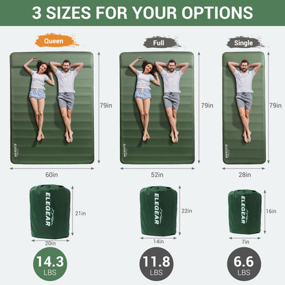 Elegear CumbreX™ Air & Foam Self Inflating Sleeping Pad, Built-in Electric Pump 4" Ultra-Thick Memory Foam Camping Mattress with Pillow Double Camping Pad 4-Season R-Value 9.5 Camp Mat - Gueen