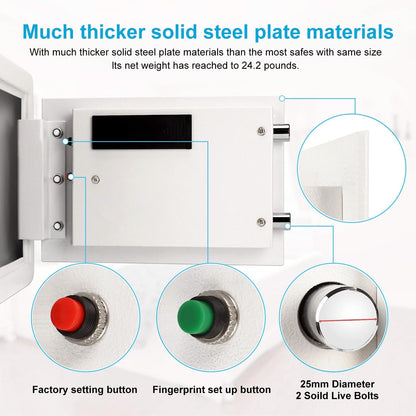 TIGERKING Biometric Home Safe, 20 lb Alloy Steel Construction, Fingerprint Access and 3-Button Electronic Combination Lock for Jewelry, Cash and Passports, White