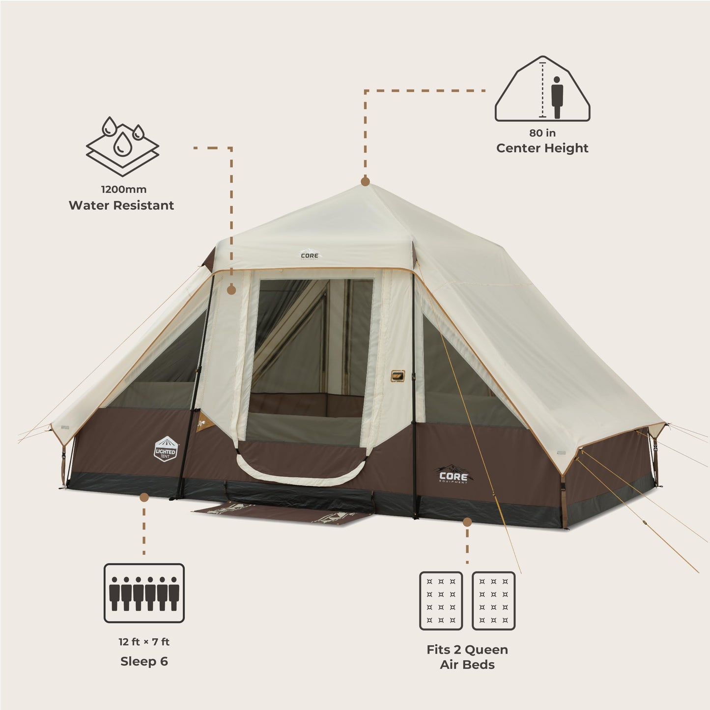 CORE 6 Person Instant Cabin Tent with LED Lights | Large Family Lighted Pop Up Tent with Carry Bag for Camping, Glamping, and Backyard Adventures | Included Storage Pockets for Camp Accessories