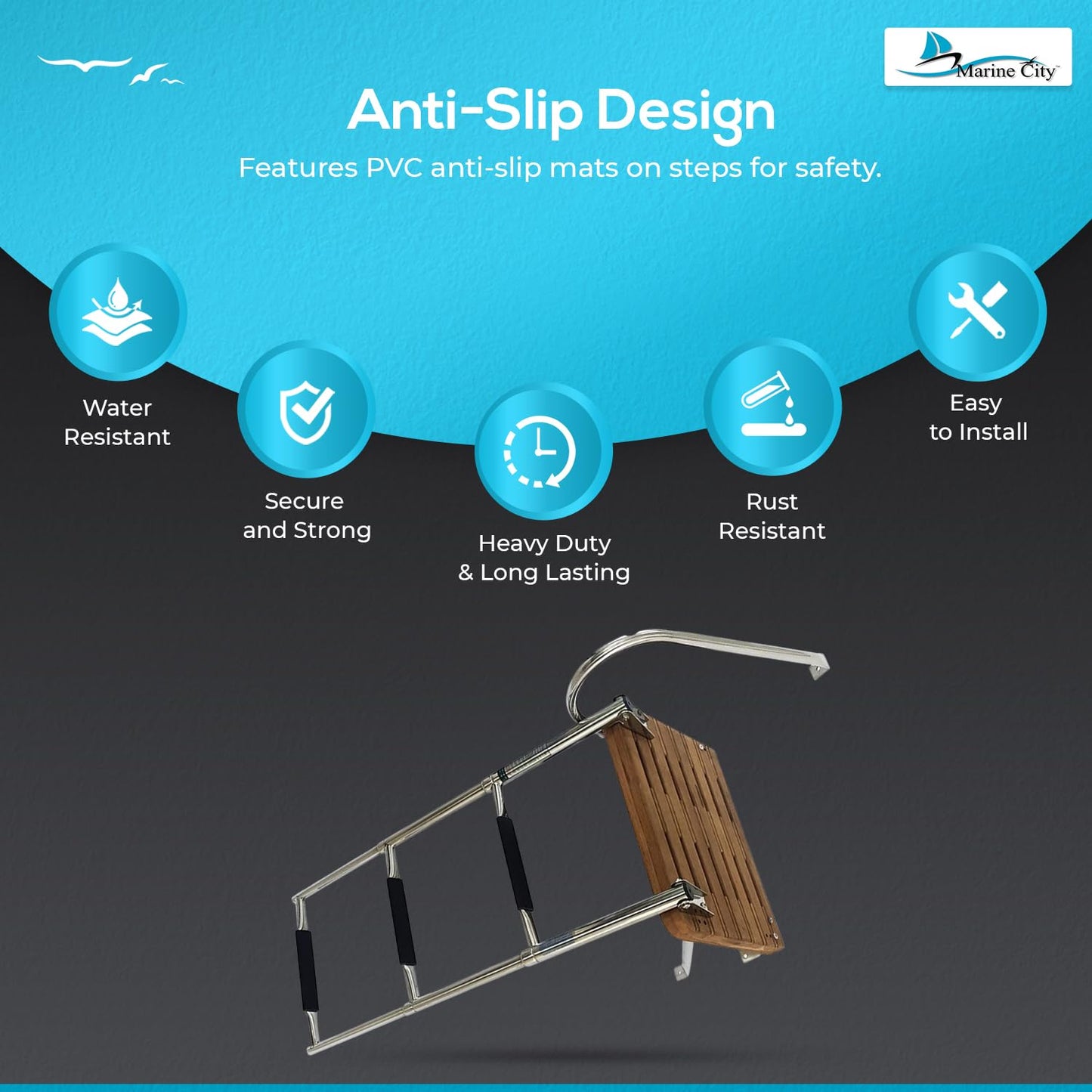 MARINE CITY Stainless Steel Swim Teak Platform Boat Ladder, Low Maintenance Ideal for Marines, Boats, Ships, Yachts (Teak O/B (3 Steps))
