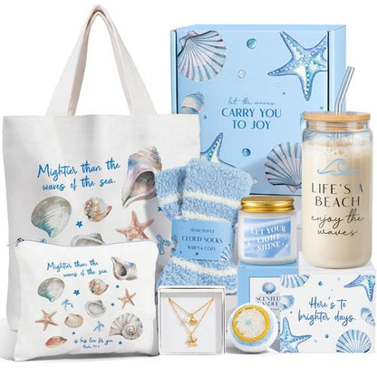 Gifts for Women, 8pcs Ocean Happy Birthday Gifts for Women, Christmas Ideas Inspirational Get Well Soon Gift Baskets Mothers Day Box w/ Seashell Tote Bag for Her Mom Sister Friend Friendship
