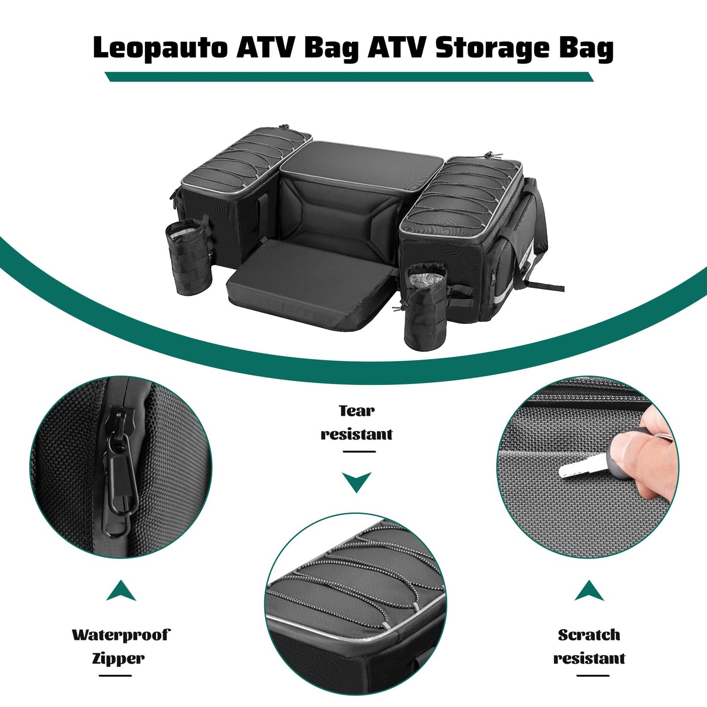 Leopauto ATV Storage Bag Set 65L Large ATV Bags Rear Rack Bag with Rain Cover Four Wheeler Cargo Rear Gear Seat Bag Accessories with Removable Cushion Compatible with Polaris Fourtrax Kawasaki