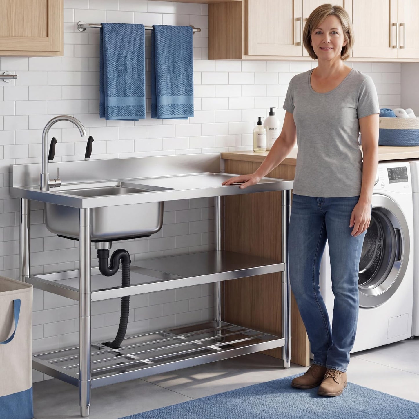 Free Standing Stainless-Steel Single Bowl Commercial Restaurant Kitchen Sink Set w/Faucet & Drainboard, Prep & Utility Washing Hand Basin w/Workbench & Double Storage Shelves Indoor Outdoor (47in)
