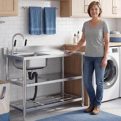 Free Standing Stainless-Steel Single Bowl Commercial Restaurant Kitchen Sink Set w/Faucet & Drainboard, Prep & Utility Washing Hand Basin w/Workbench & Double Storage Shelves Indoor Outdoor (47in)