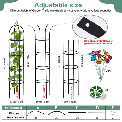 100% Metal 6.6 Ft Tower Obelisk Garden Trellis,2 Pack Plant Support for Climbing Plants Rose Bush Round Trellis for Pots Rustproof Metal Plant Flower Trellises for Clematis Vine Jasmine Outdoor Indoor