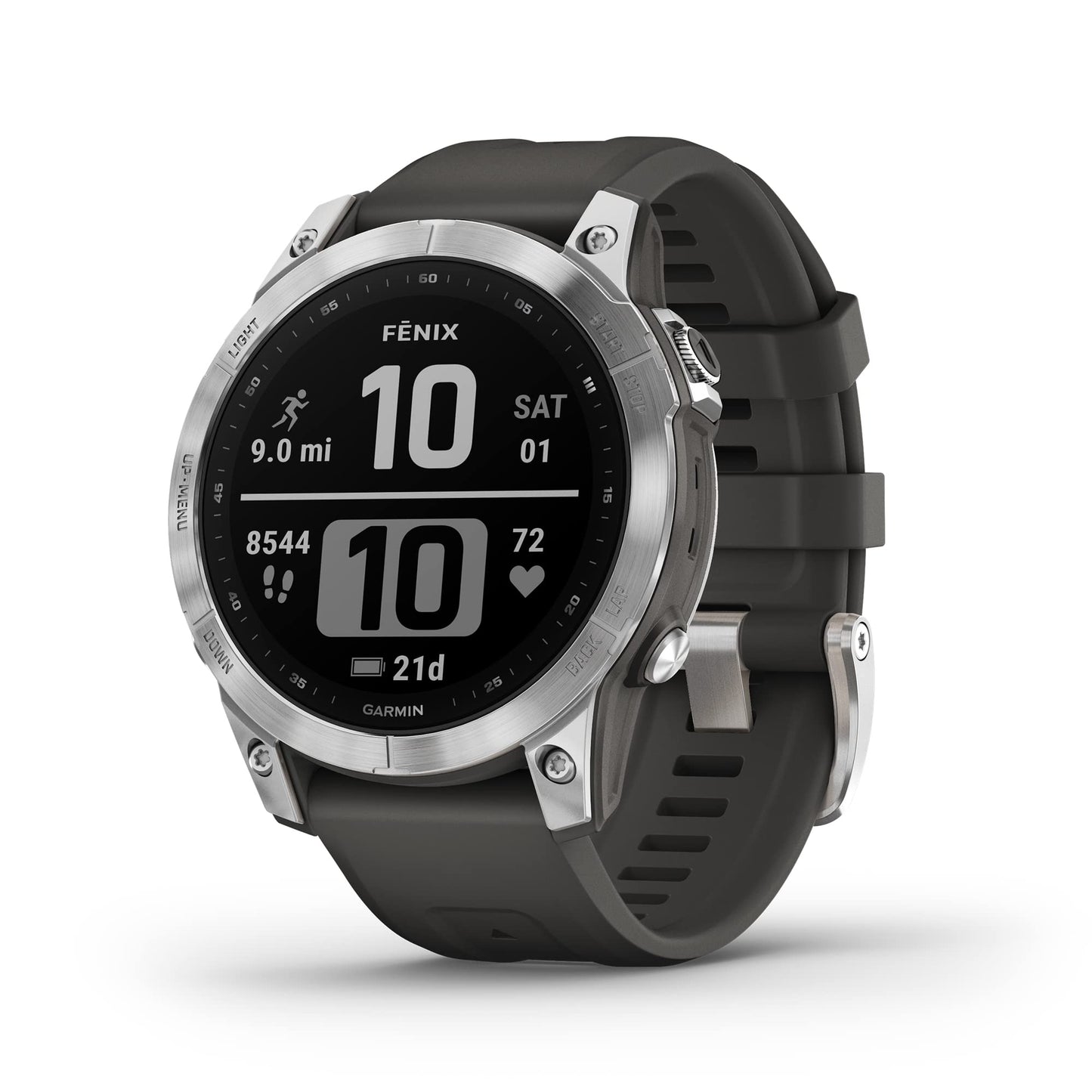 Garmin Fenix 7, Adventure smartwatch, Rugged Outdoor Watch with GPS, Touchscreen, Health and Wellness Features, Silver with Graphite Band - 010-02540-00