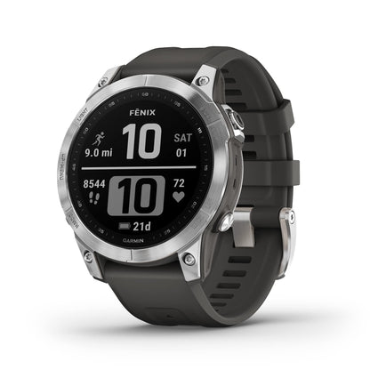 Garmin Fenix 7, Adventure smartwatch, Rugged Outdoor Watch with GPS, Touchscreen, Health and Wellness Features, Silver with Graphite Band - 010-02540-00
