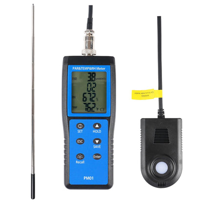 Quantum PAR Meter for LED Grow Lights, 400-700nm Wavelengths Range, Temperature and Humidity Display, PPFD Meter with 36 inch Telescopic Wand for Easy Testing in Tent, Room, Greenhouse